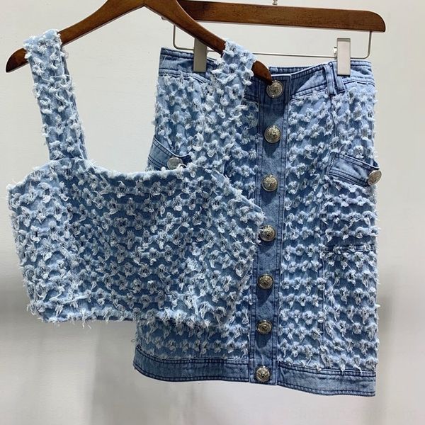 

8dwhl ripped denim women's mini miniskirtvest double-breasted over miniskirt two-piece suit vest 2019 summer new zipper skirt set oem e, Gray