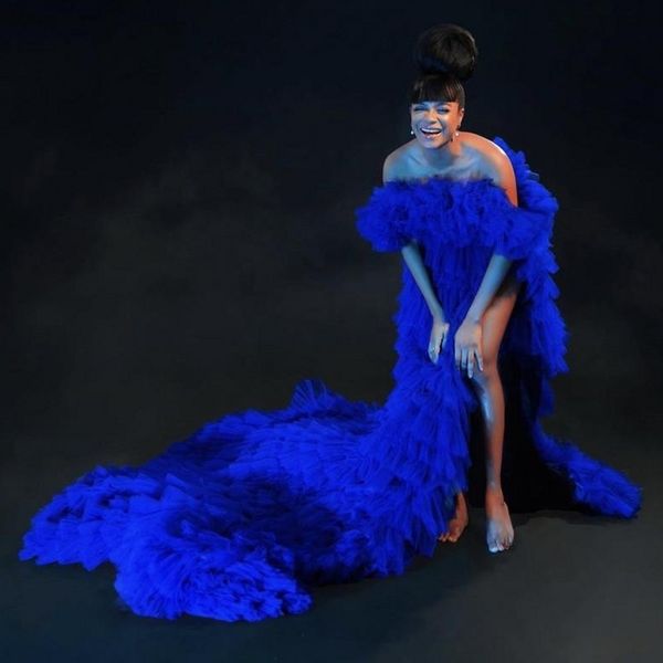 Royal Blue Thudy Prom Prom Tulle Халаты с плечами Женщины Тюль Вечерние платья для фотосъемки Платье Обратная сторона Сплитское платье для беременных