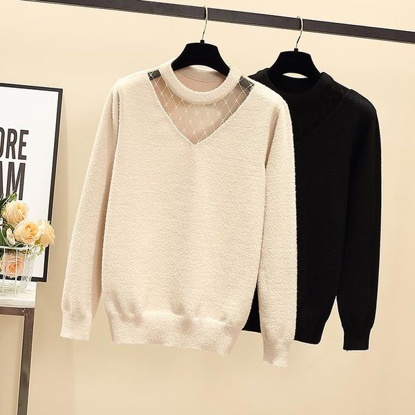 

4xl women's fashion mesh lace see-through sweater, White;black