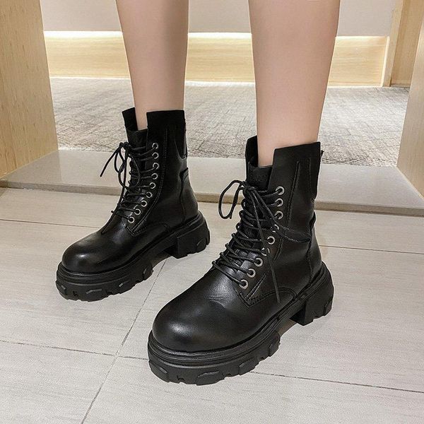 

lady boots round toe rock shoes woman winter footwear boots-women luxury designer low heels booties ladies 2020 autumn, Black