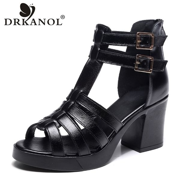 

drkanol cow leather women sandals black high heel gladiator sandals cut-outs peep toe buckle summer women casual shoes y200405