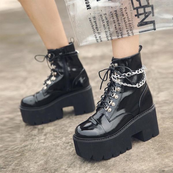 

gothic black boots женщин платформы ботильоны женщина прохладных цепи коренастая punk zipper леди мотоцикл женщина теплой плюшевая обувь