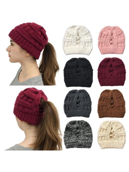 

beanie/skull caps women winter crochet cable knitted beanie cap solid color hollow out criss cross messy high bun warm skull, Blue;gray