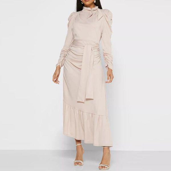 

western style muslim dress autumn winter fashion temperament draw back thin irregular folds butterfly collar puff sleeve, Black;gray