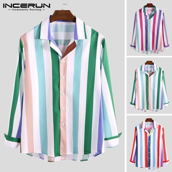 

incerun 2019 fashion shirt men colorful striped lapel neck blouse long sleeve camisa chic mens hawaiian casual shirts streetwear1, White;black