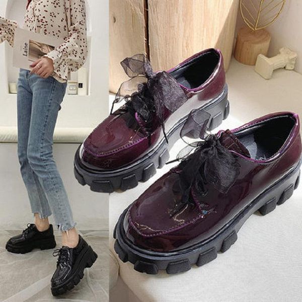 

new 2020 korean version of harajuku pu thick-soled casual shoes retro lace small shoes fashion increased women's, Black