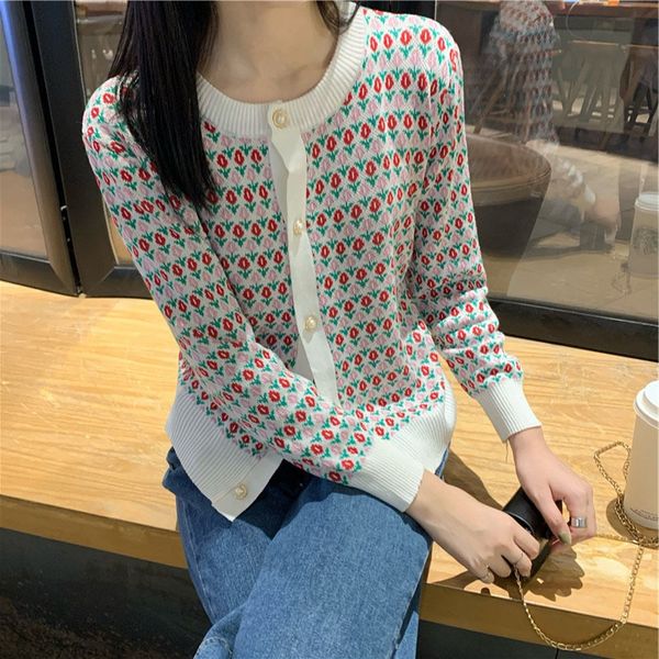 

new korean flower sweater cardigan women's round neck single breasted lazy new korean flower sweater cardigan women's round neck s, White