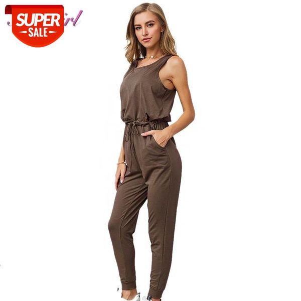 

casual solid o-neck pocket jumpsuit women fashion sleeveless trousers loose pants offcie lady romper female streetwear overalls #r03g, Black;white