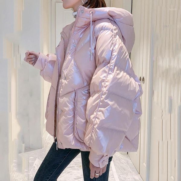 

2021 new women's winter clothes korean loose down cotton jacket women short hooded shiny thick warm jacket fashion trend1, Black