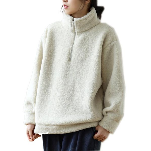 

women teddy sweatshirt outwear stand collar fleeced thick warm for autumn winter coat pullover female big loose solid a12220947, Black
