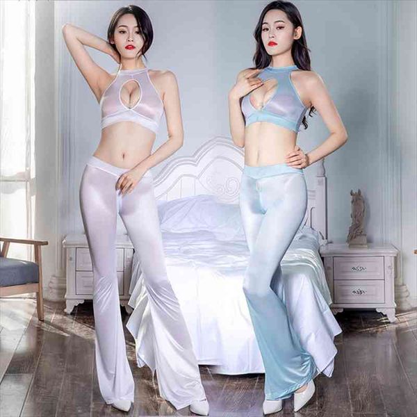 

2 piece set women see through transparent exotic lingerie zipper open crotch flare pants clubwear leggings trousers, Black;white