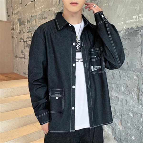 

designer male long sleeve casual single breasted all-match shirt clothes man loose denim shirt fashion trend spring stand collar shirts, White;black