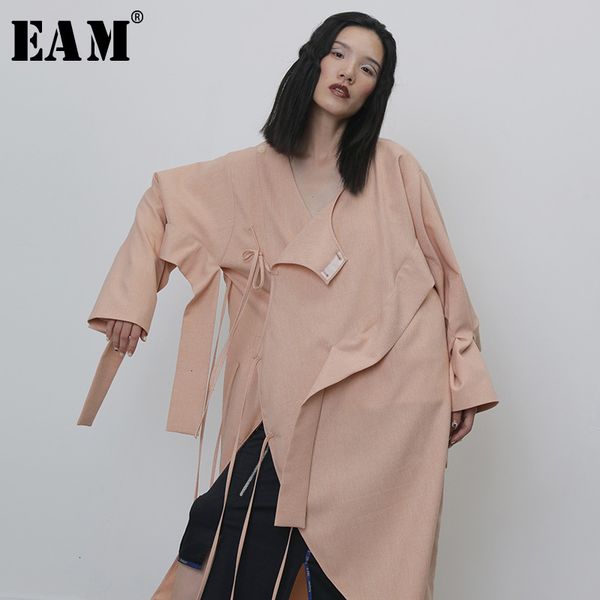 

[eam] women bandage split big size trench new round neck long sleeve loose fit windbreaker fashion tide spring autumn 1h266 201028, Tan;black