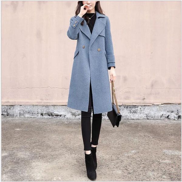 

women's wool & blends autumn winter woolen coat women korean casual ladies long coats warm clothes femme 2021 casaco feminino s1711, Black
