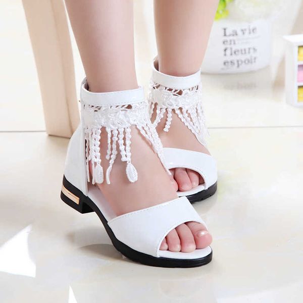 

elling designer summer sandals for girls shoes tassel lace kids new fish mouth princess black white pink size 27-36 fashion a858 classic lux