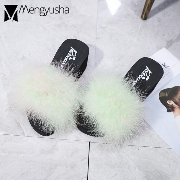

real ostrich feather wedges sandals student casual outdoor flip flops woman cozy stretch fabric slip on shoes female slipppers, Black