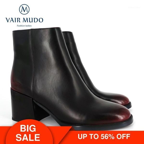 

boots vair mudo ankle high heels women shoes 2021 spring autumn female thick heel genuine leather platform dx621, Black