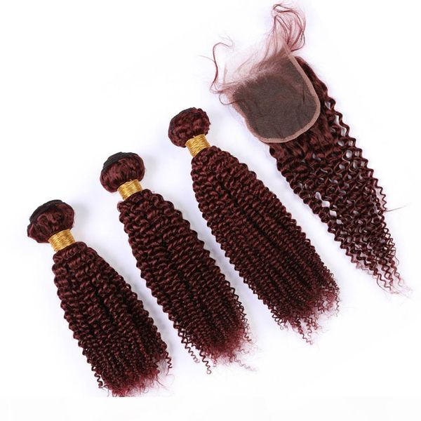 

malaysian human hair weaves 99j kinky curly 3bundles and closure wine red virgin hair lace front closure with bundles burgundy hair wefts, Black;brown