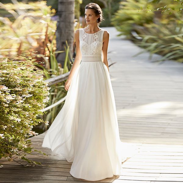 

2021 new open back chiffon beach wedding scoop neck sleeveless bohemian bridal gown robe de mariee q1vl, White