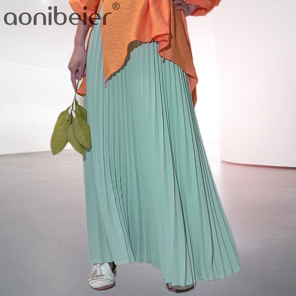 

aonibeier spring summer women long skirt fashion a-line pleated skirt elastic high waist skirts womens casual maxi skirt 1014, Black