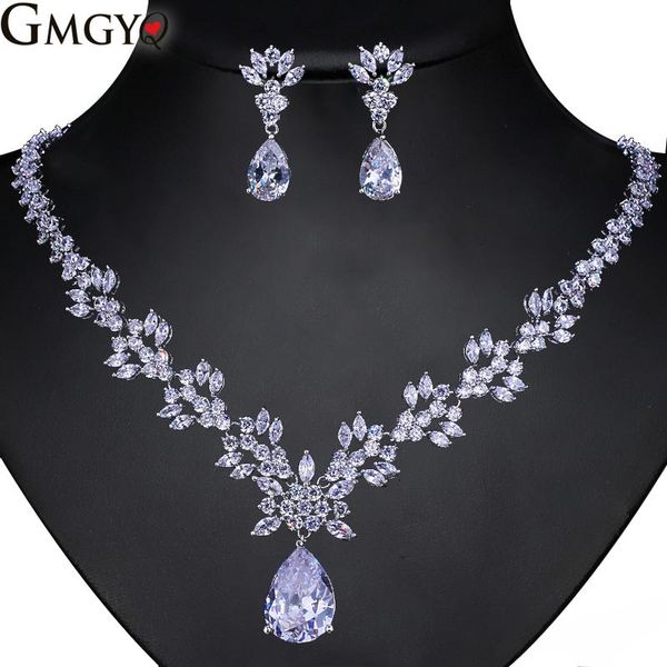 

gmgyq nieuwste luxe vonken brilliant cubic zirkoon clear ketting oorbellen wedding bridal sieraden sets banquet accessoires, Silver