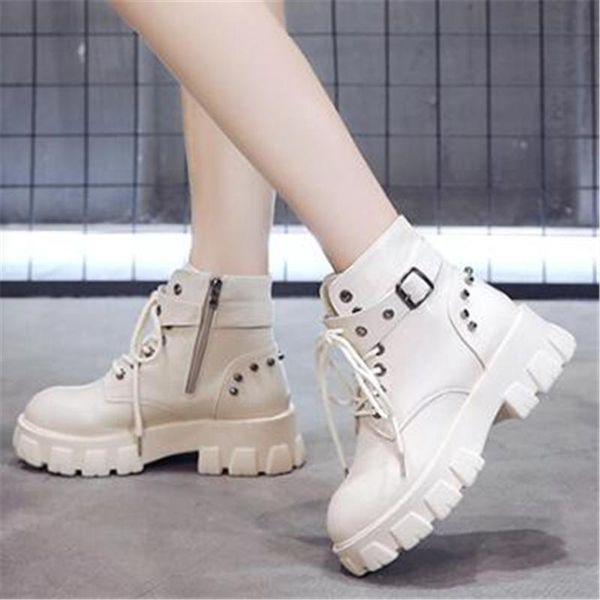 

boots autumn ankle women shoes 2021 warm plush fashion high platform leather winter sneakers female rivet fur insole punk botas, Black