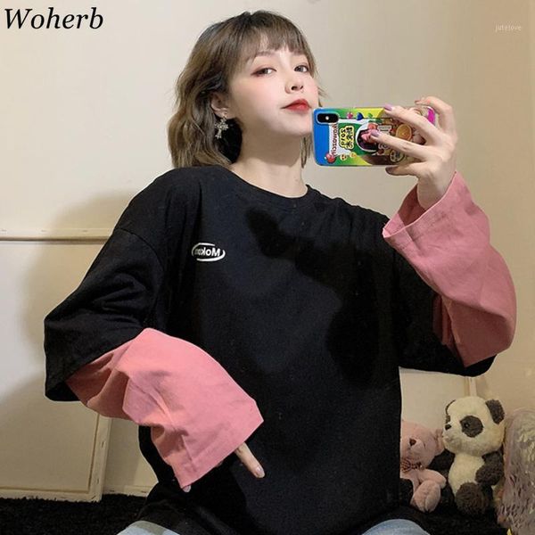 

woherb harajuku patchwork long sleeve women t-shirts fake 2 piece spring autumn women t-shirt letter print korean lady t shirt1, White