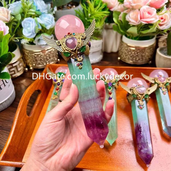 Watermelon Fluorite Crystal Point Wand Christmas Presentes Espirituais Anjo Ancas Natural Rosa Quartz Amor Incondicional Esfera Cura e Feitiço Casting Magic Wands