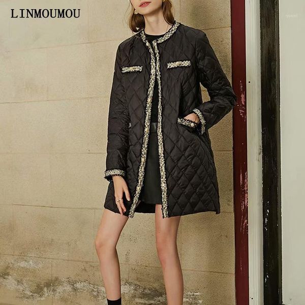 

winter thick warm woman's coats round neck checked down-jacket stitching slim long-sleeved pearl button decorative down-jacket1, Black