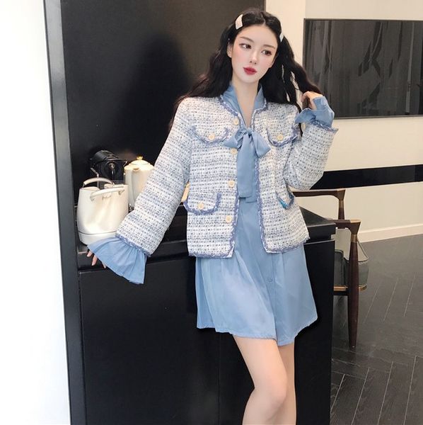 

2020 autumn new style tweed coat + french dress 2-piece fashion suit for women
