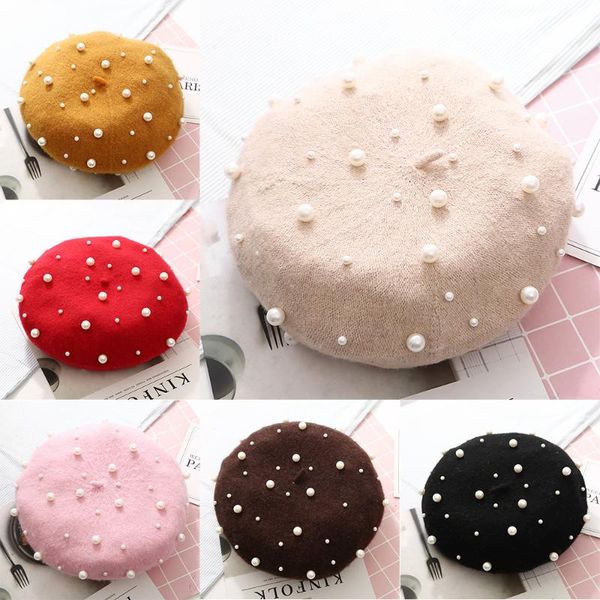 

berets fashion cap ladies autumn winter wool pearl rivet beret for women warm french hats girls retro solid color hat, Blue;gray