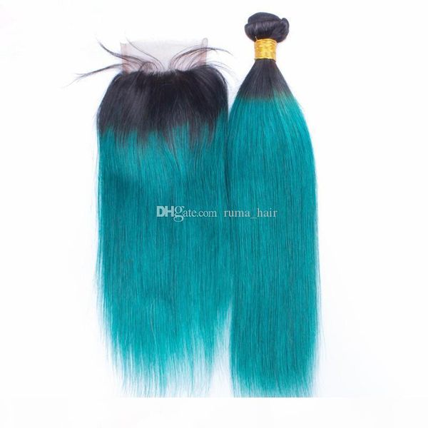 

grade 8a peruvian virgin human hair weaves with lace closure dark roots green hair 3bundles with lace closure green ombre straight hair, Black;brown