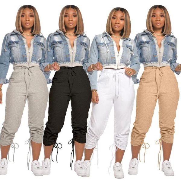 

rt women sports pants calf length sashes capris pants high strings tie bottom trousers solid color street style, Black;white