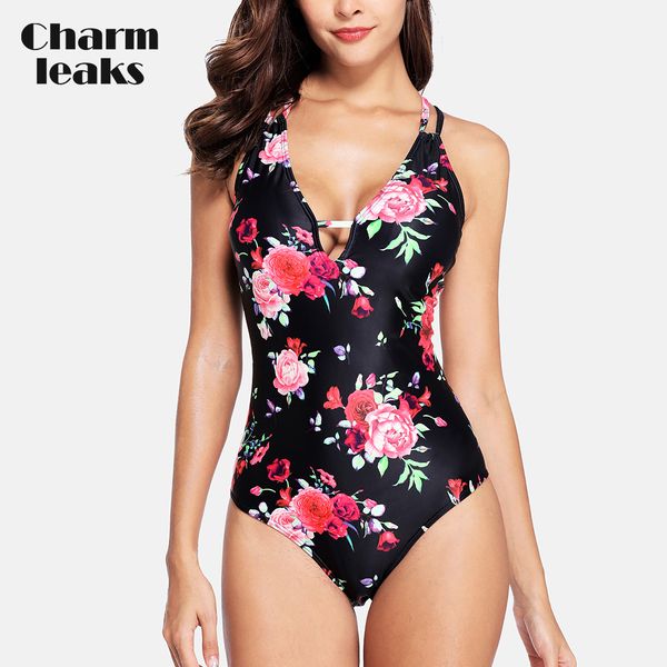 

charmleaks women's one piece swimsuit v neck swimwear floral print bathing suit cross back beach wear monokini y200824, White;black