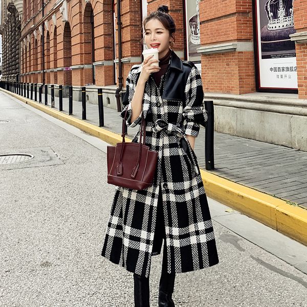 

2021 new women's wool jacket new long black white plaid loose lapel single-breasted thick fashion high-end coat 9f 2s3n