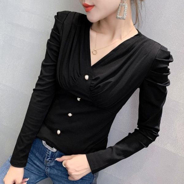

european autumn 2020 t- shirtnew v-neck bubble sleeve long sleeve t-shirt for women's slim fitforeign style single breasted pleated bot, White