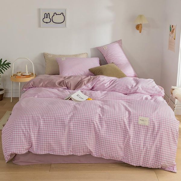 

pink lattice bedding set students bedclothes teens polyester/cotton bed linens set twin duvet cover for home textile