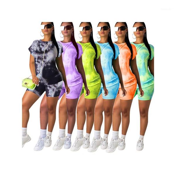

yoga outfits female 2021 clothing sets tie dye print short sleeves shorts set casual 2pcs tracksuit fitness sports suit1, White;red