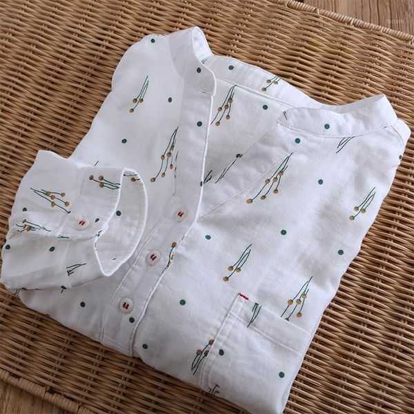 

korean-style v-neck hipster printed long-sleeved double yarn shirt elegant simple artistic shirt1, White