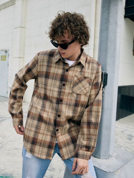 

romwe guys plaid button front pocket blouse e5cc#, White;black