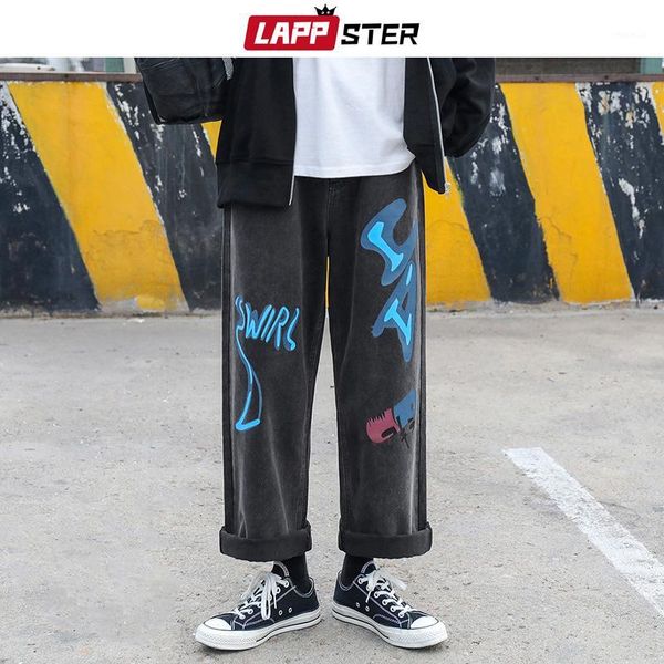 

lappster men black streetwear hip hop baggy jeans 2020 mens kpop print denim pants high waisted vintage oversized joggers pants1, Blue