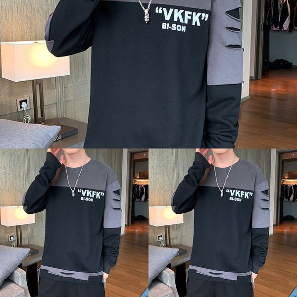 

eecwf autumn pullover long sleeve sweater pullover neck youth 2020 new fashion loose wear men's round color matching men's sweater, Black