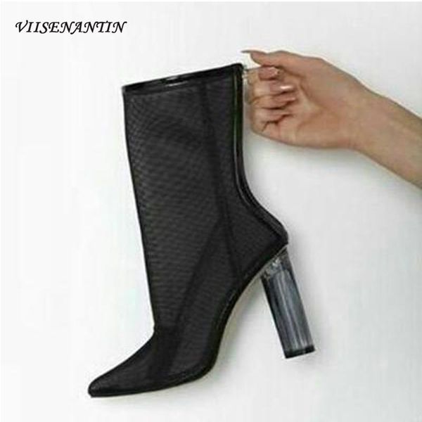 

сетка остроконечные boots европейских и американских кристал толстый каблук длинные пробки высокий каблук transparent над коленом ботинке, Black