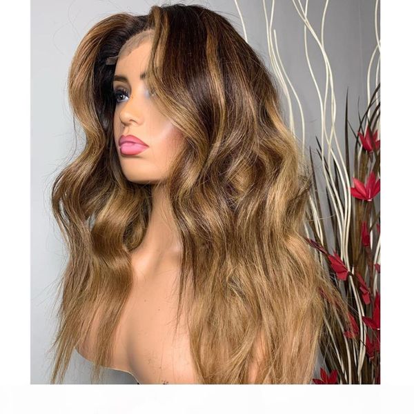 

ombre wavy lace front human hair wigs with baby hair 360 frontal honey brown glueless silk full lace wigs for women, Black;brown