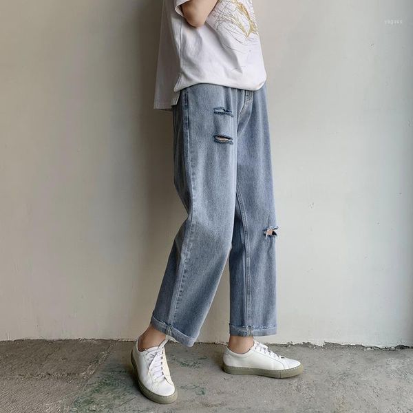 

the new ins hole straight male hong kong feng shui wash jeans object easy feeling torre nine points wide-legged pants1, Blue