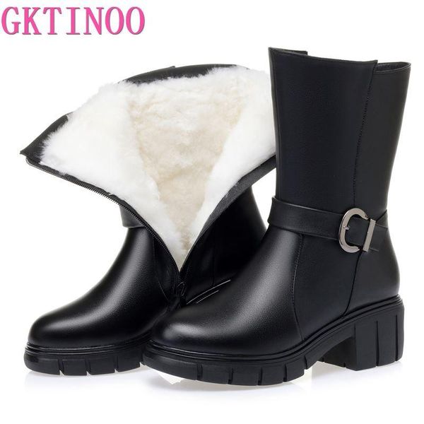 

boots gktinoo high-heeled shoes genuine leather women winter thick wool warm high-quality female snow, Black