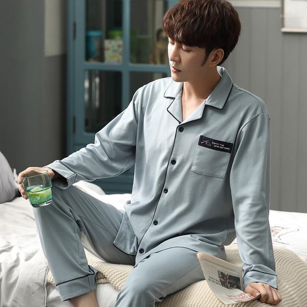 

mimi autumn and winter 2020 new cotton pajamas men's long sleeve men's large cardigan cotton youth home wear set1, Black;brown