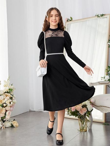 

teen girls mock neck gigot sleeve dress without belt she, Red;yellow