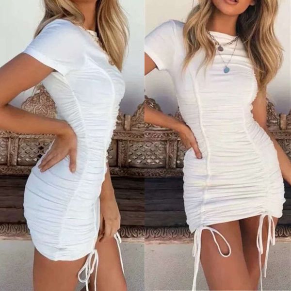 

slim buttock skirt cotton drawstring round neck color dress for summer women, Black;gray