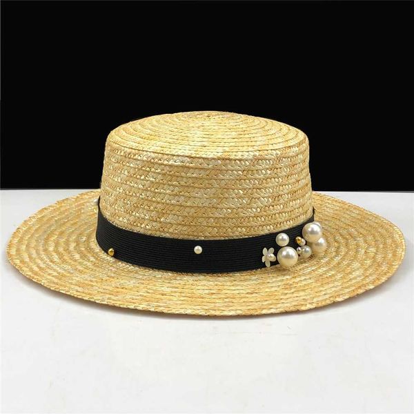 

2020 flat pearl straw hat girls summer sun hats for women beach boater hat ladies panama chapeau femme sun fedora, Blue;gray